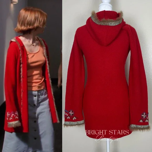 Rare Vintage Hooded Cardigan ASO Willow Rosenberg BtVS Red Embroidered Knit - Picture 2 of 13